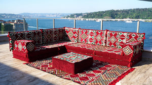 Maroon Arabisches Bodensofa, Bordeauxfarbenes Bodenkissen, 10 cm dickes Eck-Bodenkissen-Set, Gartensofa-Set