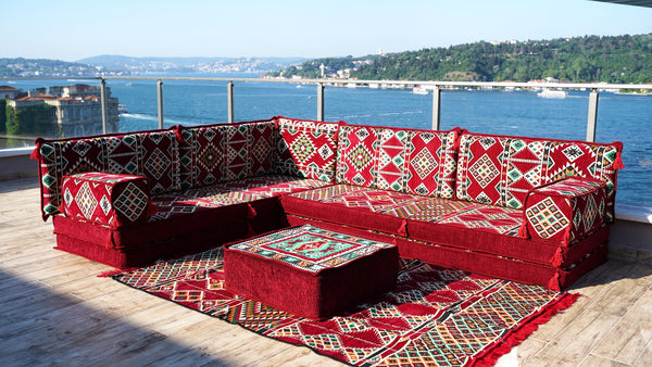 Maroon Arabisches Bodensofa, Bordeauxfarbenes Bodenkissen, 10 cm dickes Eck-Bodenkissen-Set, Gartensofa-Set