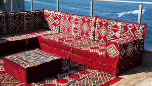 Maroon Arabisches Bodensofa, Bordeauxfarbenes Bodenkissen, 10 cm dickes Eck-Bodenkissen-Set, Gartensofa-Set