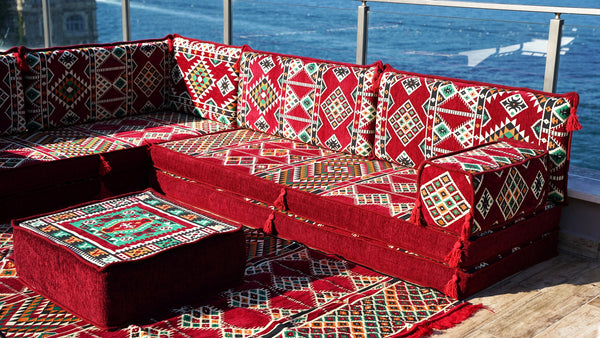 Maroon Arabisches Bodensofa, Bordeauxfarbenes Bodenkissen, 10 cm dickes Eck-Bodenkissen-Set, Gartensofa-Set
