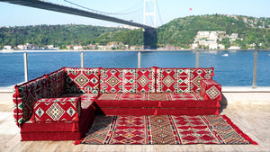 Maroon Arabisches Bodensofa, Bordeauxfarbenes Bodenkissen, 10 cm dickes Eck-Bodenkissen-Set, Gartensofa-Set