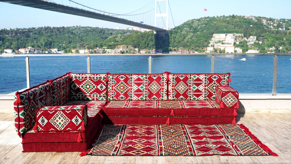Maroon Arabisches Bodensofa, Bordeauxfarbenes Bodenkissen, 10 cm dickes Eck-Bodenkissen-Set, Gartensofa-Set