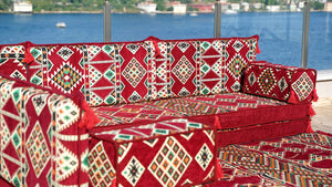 Maroon Arabisches Bodensofa, Bordeauxfarbenes Bodenkissen, 10 cm dickes Eck-Bodenkissen-Set, Gartensofa-Set