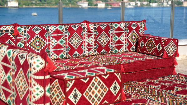 Maroon Arabisches Bodensofa, Bordeauxfarbenes Bodenkissen, 10 cm dickes Eck-Bodenkissen-Set, Gartensofa-Set