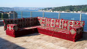 Maroon Arabisches Bodensofa, Bordeauxfarbenes Bodenkissen, 10 cm dickes Eck-Bodenkissen-Set, Gartensofa-Set