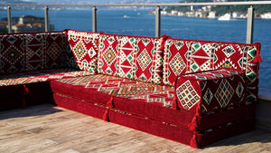 Maroon Arabisches Bodensofa, Bordeauxfarbenes Bodenkissen, 10 cm dickes Eck-Bodenkissen-Set, Gartensofa-Set