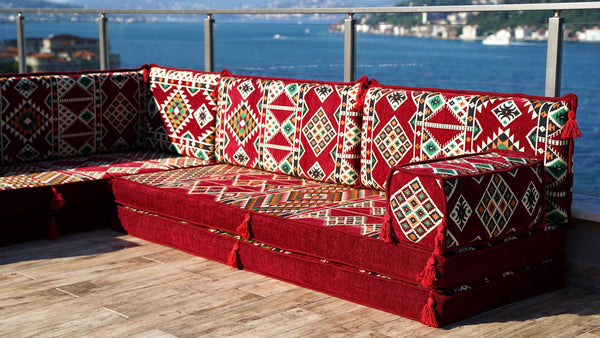 Maroon Arabisches Bodensofa, Bordeauxfarbenes Bodenkissen, 10 cm dickes Eck-Bodenkissen-Set, Gartensofa-Set