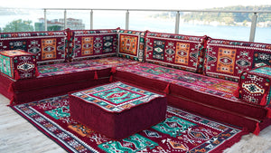Bordeauxrotes L-förmiges Bodensofa, modulares Sofa-Set, Bodenkissen, arabischer Majlis, marokkanisches Wohnzimmerkissen