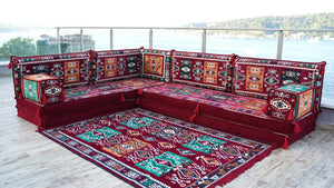 Bordeauxrotes L-förmiges Bodensofa, modulares Sofa-Set, Bodenkissen, arabischer Majlis, marokkanisches Wohnzimmerkissen