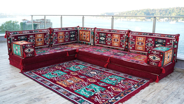 Bordeauxrotes L-förmiges Bodensofa, modulares Sofa-Set, Bodenkissen, arabischer Majlis, marokkanisches Wohnzimmerkissen