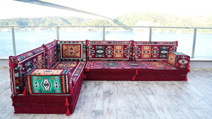 Bordeauxrotes L-förmiges Bodensofa, modulares Sofa-Set, Bodenkissen, arabischer Majlis, marokkanisches Wohnzimmerkissen