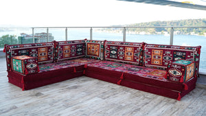 Bordeauxrotes L-förmiges Bodensofa, modulares Sofa-Set, Bodenkissen, arabischer Majlis, marokkanisches Wohnzimmerkissen