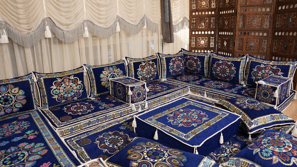 أريكة مجلس ديوان عربي، وسائد مقاعد، أريكة على طراز بوهو التقليدي، أريكة مغربية للجلوس، أريكة مقطعية، وسادة أرضية عربية