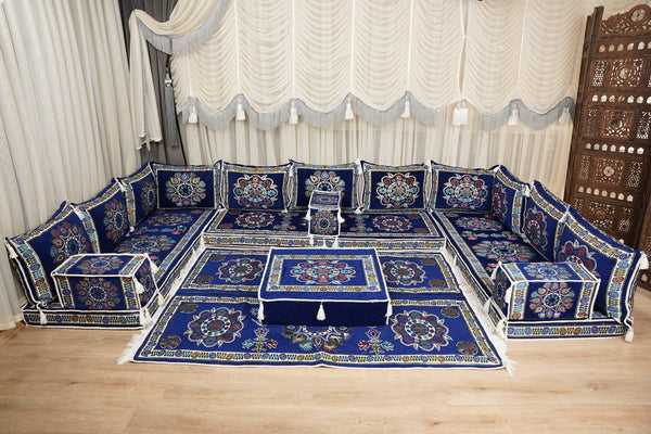 أريكة مجلس ديوان عربي، وسائد مقاعد، أريكة على طراز بوهو التقليدي، أريكة مغربية للجلوس، أريكة مقطعية، وسادة أرضية عربية