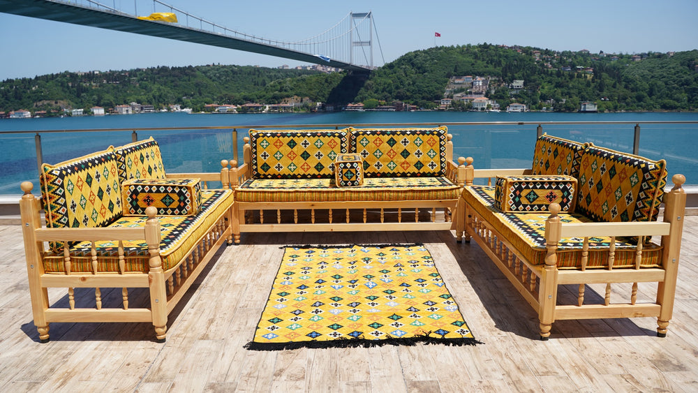 Yellow Wooden Bench Sofa Sets, Corner Sofa Set, Bohemian Furniture, Pine Tree Wooden Bench, Arabic Majlis, Outdoor Bench, Floor Cushion Set, Patio Furniture