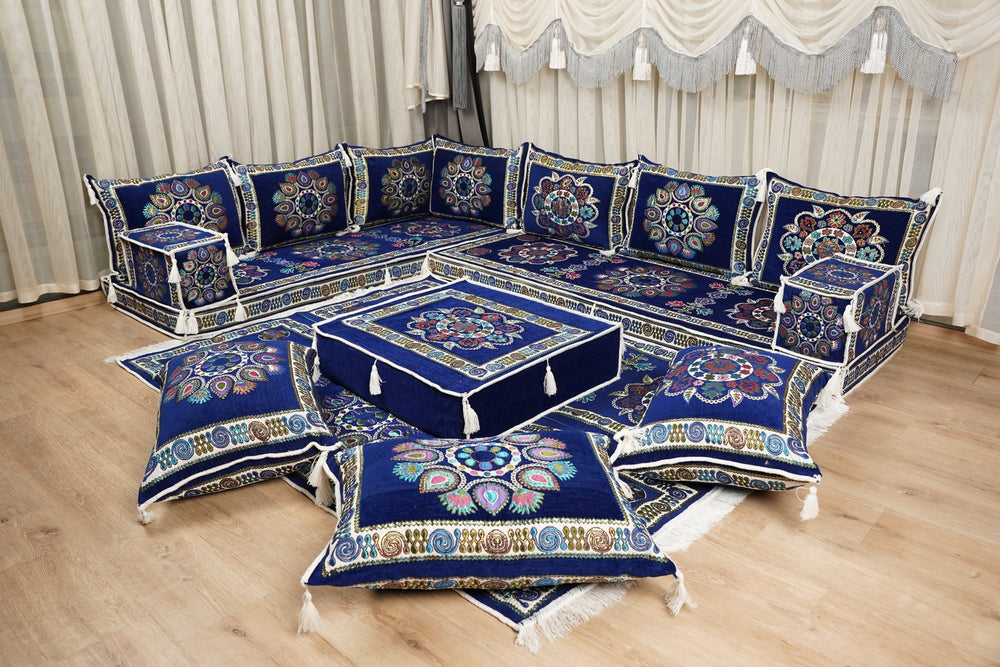 Traditional Boho Style Sofa, Diwan Majlis Sofa, Moroccan Sofa Seating, Arabic Jalsa Set, Kilim Pattern Pillow, Housewarming Gift, Sectional Floor Seating