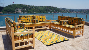 Yellow Wooden Bench Sofa Sets, Corner Sofa Set, Bohemian Furniture, Pine Tree Wooden Bench, Arabic Majlis, Outdoor Bench, Floor Cushion Set, Patio Furniture