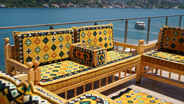 Yellow Wooden Bench Sofa Sets, Corner Sofa Set, Bohemian Furniture, Pine Tree Wooden Bench, Arabic Majlis, Outdoor Bench, Floor Cushion Set, Patio Furniture