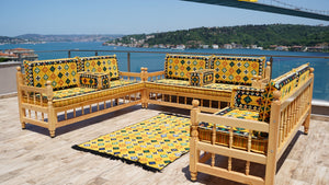 Yellow Wooden Bench Sofa Sets, Corner Sofa Set, Bohemian Furniture, Pine Tree Wooden Bench, Arabic Majlis, Outdoor Bench, Floor Cushion Set, Patio Furniture