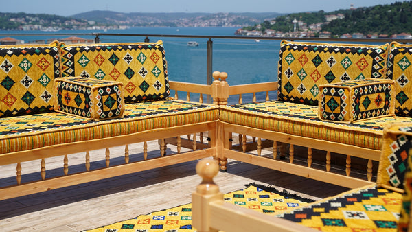 Yellow Wooden Bench Sofa Sets, Corner Sofa Set, Bohemian Furniture, Pine Tree Wooden Bench, Arabic Majlis, Outdoor Bench, Floor Cushion Set, Patio Furniture