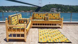 Yellow Wooden Bench Sofa Sets, Corner Sofa Set, Bohemian Furniture, Pine Tree Wooden Bench, Arabic Majlis, Outdoor Bench, Floor Cushion Set, Patio Furniture