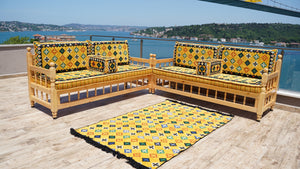 Yellow Wooden Bench Sofa Sets, Corner Sofa Set, Bohemian Furniture, Pine Tree Wooden Bench, Arabic Majlis, Outdoor Bench, Floor Cushion Set, Patio Furniture