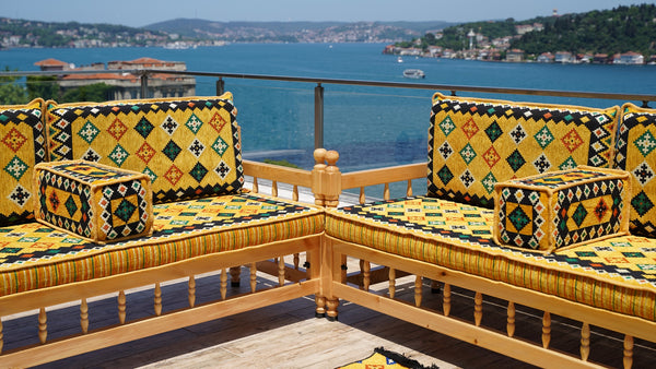 Yellow Wooden Bench Sofa Sets, Corner Sofa Set, Bohemian Furniture, Pine Tree Wooden Bench, Arabic Majlis, Outdoor Bench, Floor Cushion Set, Patio Furniture