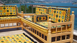 Yellow Wooden Bench Sofa Sets, Corner Sofa Set, Bohemian Furniture, Pine Tree Wooden Bench, Arabic Majlis, Outdoor Bench, Floor Cushion Set, Patio Furniture