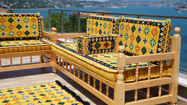 Yellow Wooden Bench Sofa Sets, Corner Sofa Set, Bohemian Furniture, Pine Tree Wooden Bench, Arabic Majlis, Outdoor Bench, Floor Cushion Set, Patio Furniture