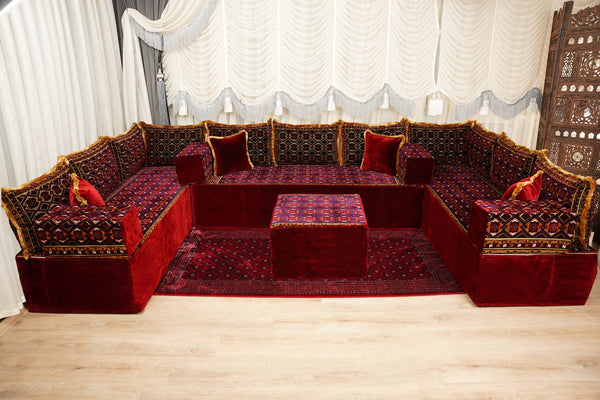 Maroon Marrakech Sultan: Single Floor Sofa – Arabic Floor Couch – Oriental Floor Seating Set – Handmade Floor Sofa