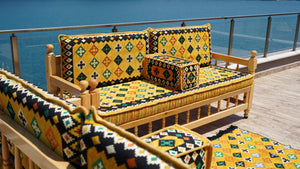Yellow Wooden Bench Sofa Sets, Corner Sofa Set, Bohemian Furniture, Pine Tree Wooden Bench, Arabic Majlis, Outdoor Bench, Floor Cushion Set, Patio Furniture