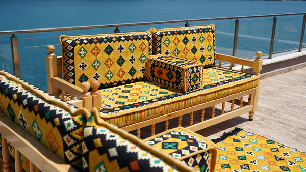 Yellow Wooden Bench Sofa Sets, Corner Sofa Set, Bohemian Furniture, Pine Tree Wooden Bench, Arabic Majlis, Outdoor Bench, Floor Cushion Set, Patio Furniture