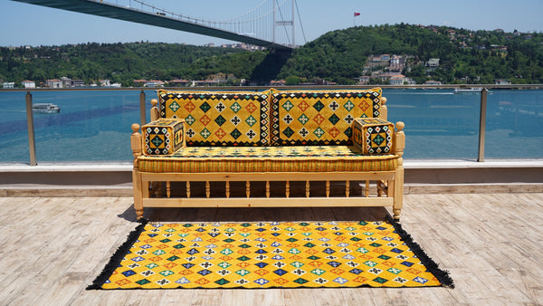 Yellow Wooden Bench Sofa Sets, Corner Sofa Set, Bohemian Furniture, Pine Tree Wooden Bench, Arabic Majlis, Outdoor Bench, Floor Cushion Set, Patio Furniture