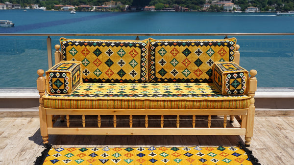 Yellow Wooden Bench Sofa Sets, Corner Sofa Set, Bohemian Furniture, Pine Tree Wooden Bench, Arabic Majlis, Outdoor Bench, Floor Cushion Set, Patio Furniture