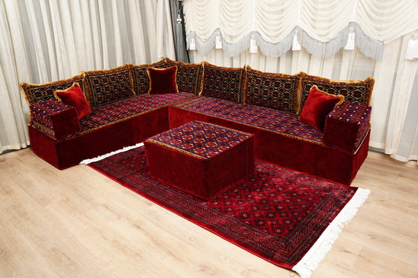 Marokkanisches Bodenssofa, Diwan-Sitzgarnituren, Afghanisches Bodenssofa, Böhmische Bodensitzgelegenheiten, Ecksofas, Bodensofa, Sofa im Boho-Stil, Arabisches Majlis-Sofa