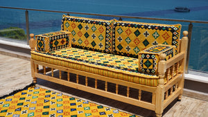 Yellow Wooden Bench Sofa Sets, Corner Sofa Set, Bohemian Furniture, Pine Tree Wooden Bench, Arabic Majlis, Outdoor Bench, Floor Cushion Set, Patio Furniture