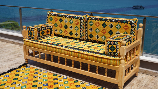 Yellow Wooden Bench Sofa Sets, Corner Sofa Set, Bohemian Furniture, Pine Tree Wooden Bench, Arabic Majlis, Outdoor Bench, Floor Cushion Set, Patio Furniture