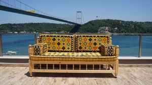 Yellow Wooden Bench Sofa Sets, Corner Sofa Set, Bohemian Furniture, Pine Tree Wooden Bench, Arabic Majlis, Outdoor Bench, Floor Cushion Set, Patio Furniture
