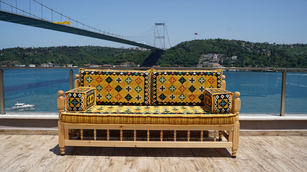Yellow Wooden Bench Sofa Sets, Corner Sofa Set, Bohemian Furniture, Pine Tree Wooden Bench, Arabic Majlis, Outdoor Bench, Floor Cushion Set, Patio Furniture
