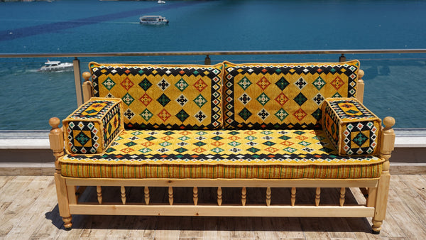 Yellow Wooden Bench Sofa Sets, Corner Sofa Set, Bohemian Furniture, Pine Tree Wooden Bench, Arabic Majlis, Outdoor Bench, Floor Cushion Set, Patio Furniture