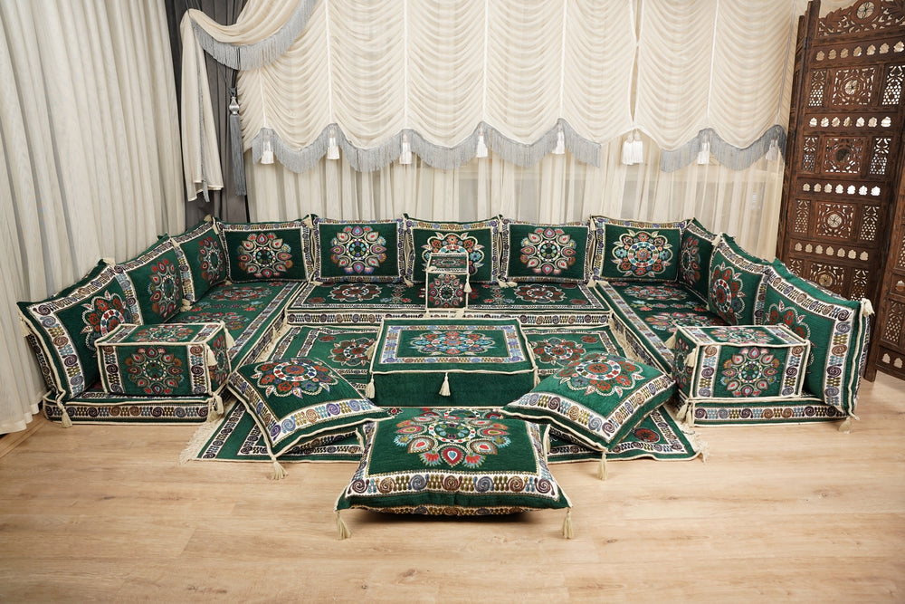 Green Arabic Floor Seating Sofa, Moroccan Sofa,  Arabic Lounge Sofa, Diwan Sofa Seating Set, Ottoman Couch, Sectional Sofa Set, Boho Style Sofa