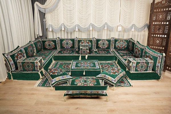 أريكة على طراز بوهو، أريكة جلوس أرضية عربية خضراء، أريكة مغربية، طقم جلوس أريكة ديوان، أريكة صالة عربية، طقم أريكة أرضية، جلسة عربية
