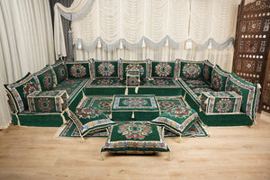 Green Bursa Silk Trail: U Shaped Floor Sofa Set – Moroccan Style Floor Sofa Seating Set – Middle Eastern Arabic Majlis