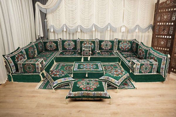 Green Bursa Silk Trail: U Shaped Floor Sofa Set – Moroccan Style Floor Sofa Seating Set – Middle Eastern Arabic Majlis