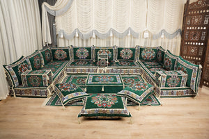 أريكة جلوس أرضية عربية خضراء، أريكة مغربية، أريكة صالة عربية، طقم جلوس أريكة ديوان، أريكة عثمانية، طقم أريكة مقطعية، أريكة على طراز بوهو