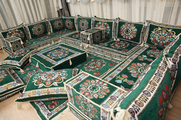 أريكة على طراز بوهو، أريكة جلوس أرضية عربية خضراء، أريكة مغربية، طقم جلوس أريكة ديوان، أريكة صالة عربية، طقم أريكة أرضية، جلسة عربية