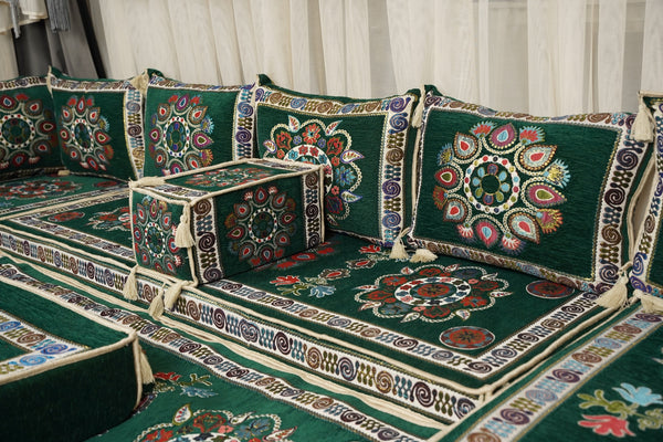 أريكة على طراز بوهو، أريكة جلوس أرضية عربية خضراء، أريكة مغربية، طقم جلوس أريكة ديوان، أريكة صالة عربية، طقم أريكة أرضية، جلسة عربية