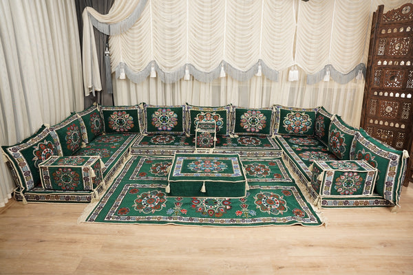 أريكة على طراز بوهو، أريكة جلوس أرضية عربية خضراء، أريكة مغربية، طقم جلوس أريكة ديوان، أريكة صالة عربية، طقم أريكة أرضية، جلسة عربية