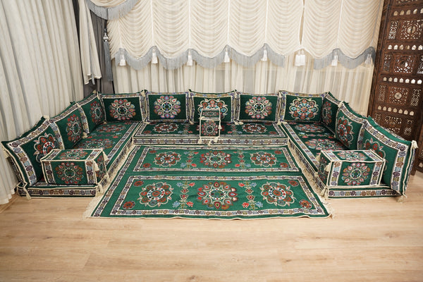 أريكة على طراز بوهو، أريكة جلوس أرضية عربية خضراء، أريكة مغربية، طقم جلوس أريكة ديوان، أريكة صالة عربية، طقم أريكة أرضية، جلسة عربية