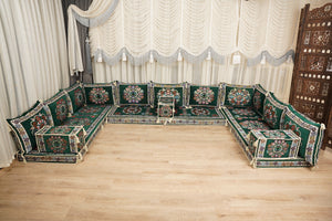 أريكة على طراز بوهو، أريكة جلوس أرضية عربية خضراء، أريكة مغربية، طقم جلوس أريكة ديوان، أريكة صالة عربية، طقم أريكة أرضية، جلسة عربية